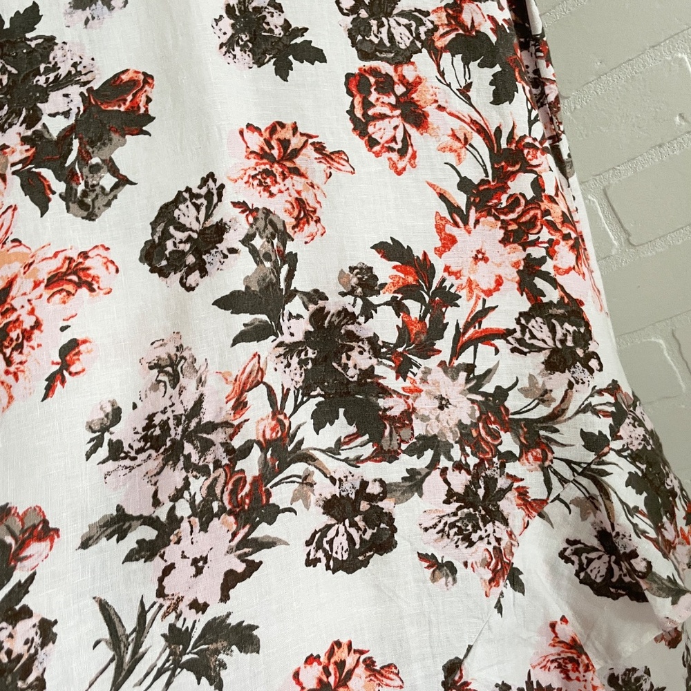 Romantic Linen Floral Midi Dress Ruffle Hem Effortless Chic Cream Olive Coral M - Picture 9 of 10